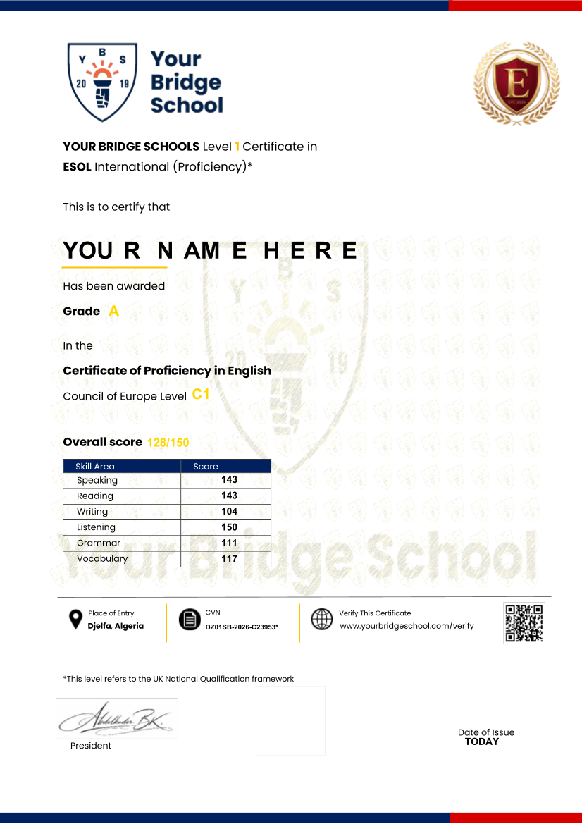 English Cert certificate layout